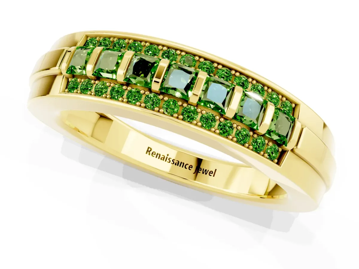 Bar-Set Princess Cut Peridot Pavé Band Yellow gold