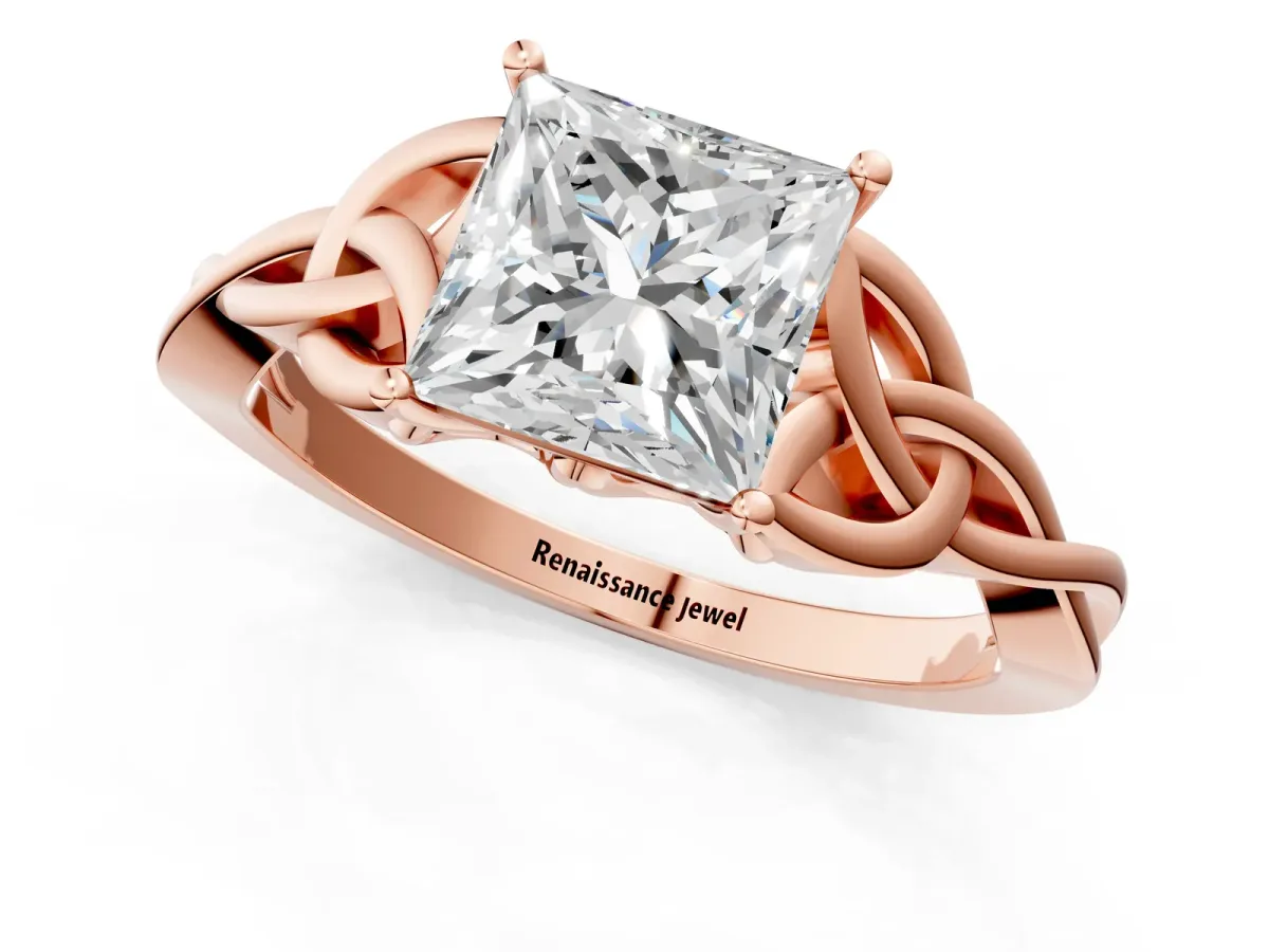 Princess Cut Diamond Solitaire Celtic Knot Ring with Four-Prong Setting Rose gold