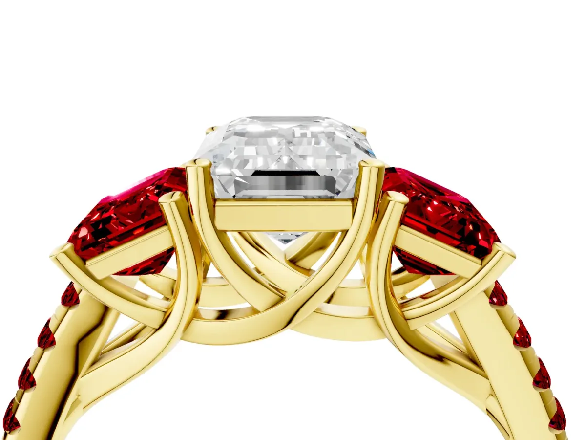 Three-Stone Emerald Cut Diamond Ring with Round Ruby Pavé Band and Prong Setting Yellow gold