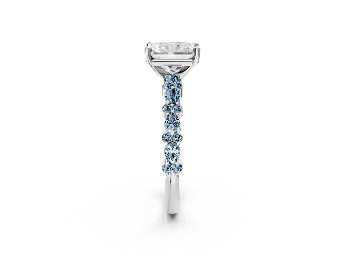 Radiant Cut Diamond Side Stone Solitaire Ring with Round Aquamarine and Four-Prong Setting Silver