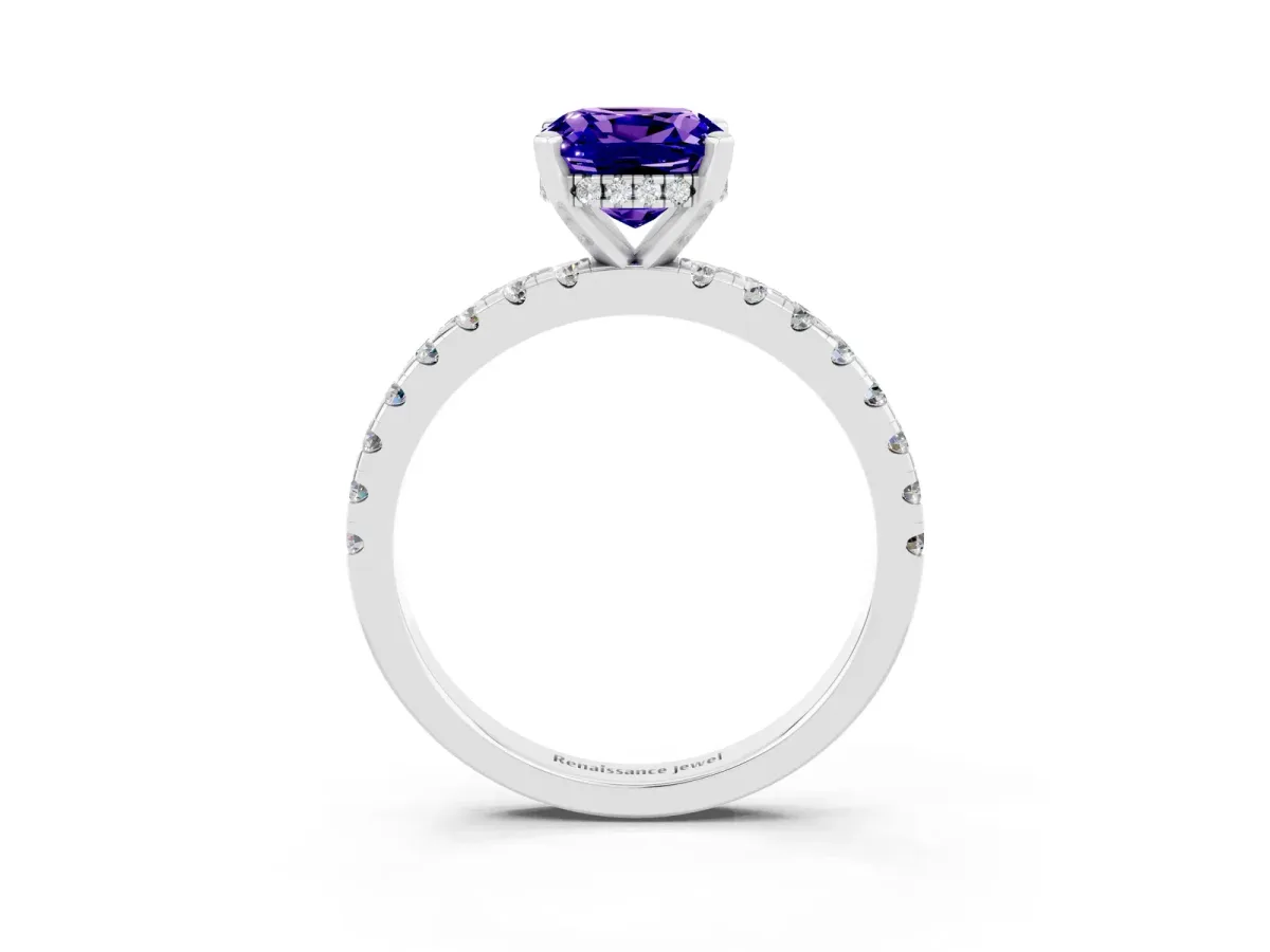 Cushion Cut Tanzanite Solitaire Ring with Round Pavé Band and Four-Prong Setting Silver