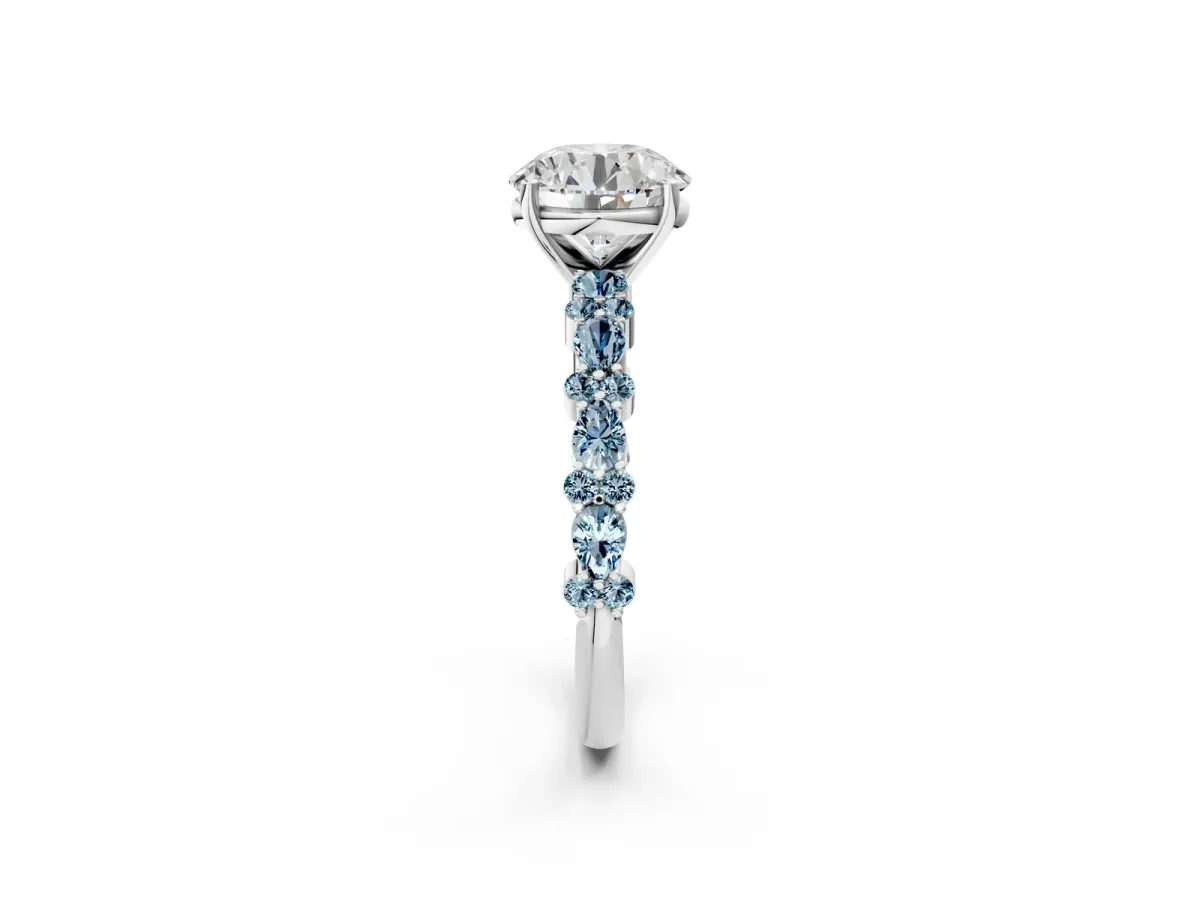 Round Cut Diamond Side Stone Solitaire Ring with Round Aquamarine and Four-Prong Setting Platinum