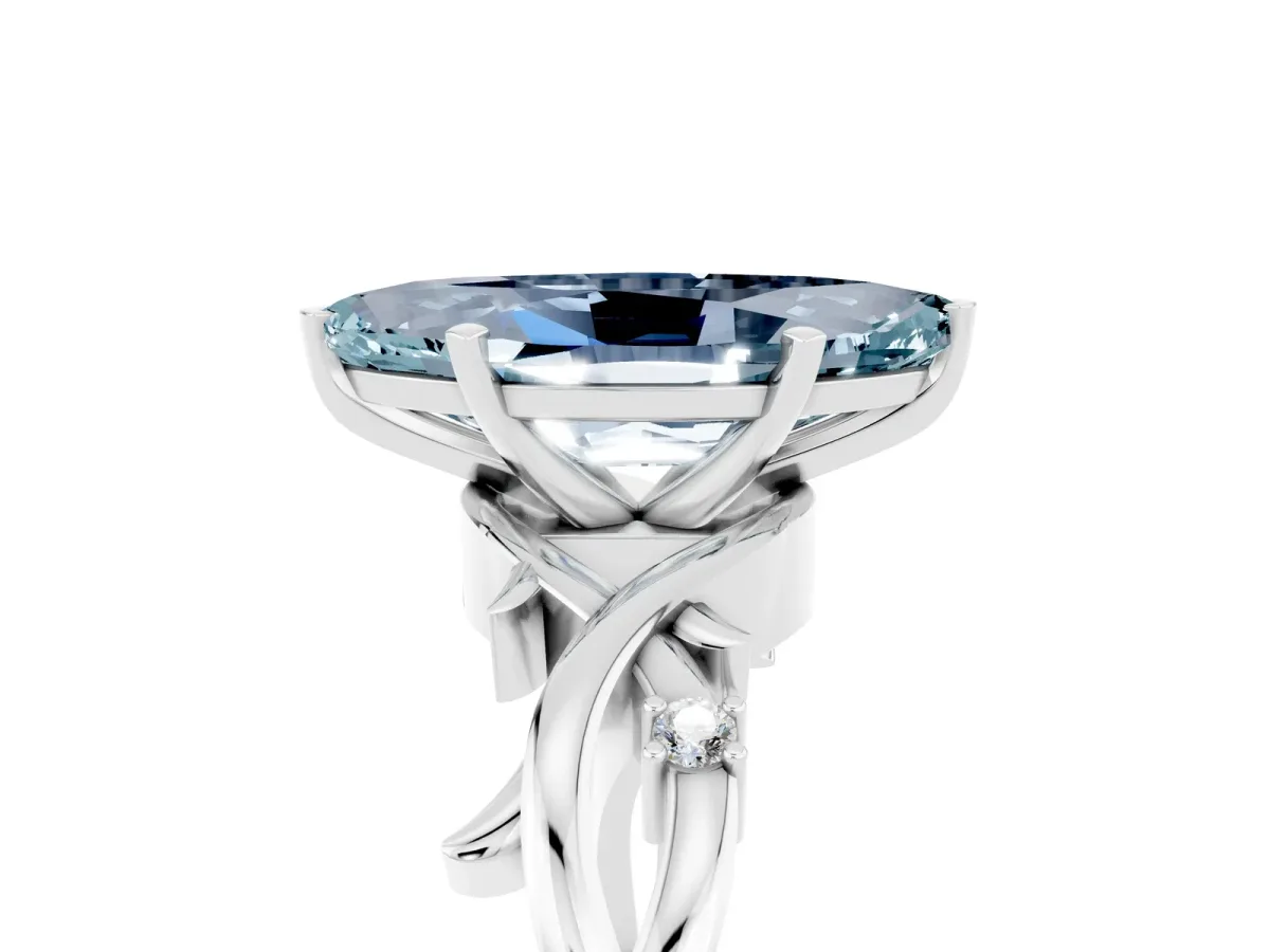 Marquise Cut Aquamarine Solitaire Ring with Twisted Band and Prong Setting Silver