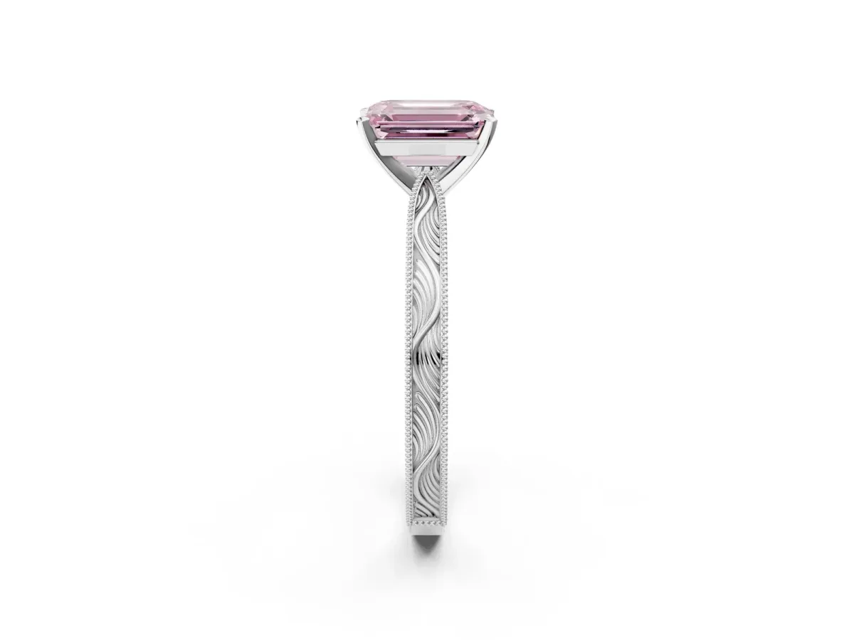 Fancy Pink Emerald Cut Solitaire Milgrain Engraved Band with Four-Prong Setting White gold
