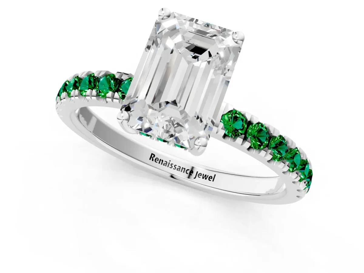 Emerald Cut Diamond Pave Band Solitaire Ring with Round Emerald and Prong Setting White gold