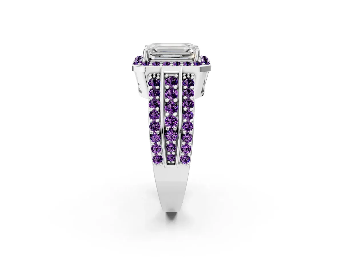 Emerald Cut Halo Diamond Ring with Round Amethyst Split Shank and Prong Setting White gold