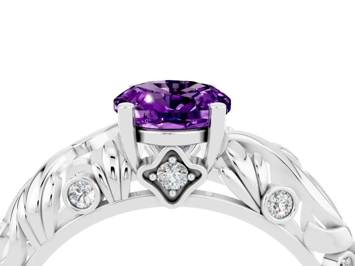 Oval Cut Solitaire Amethyst Leaf-Inspired Vine Band Ring with Prong Setting White gold