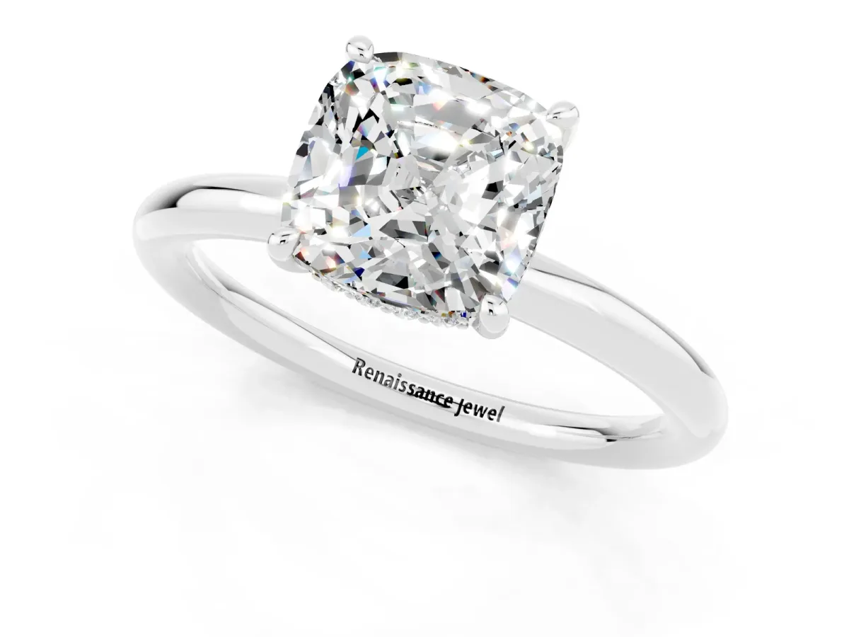 Cushion Cut Moissanite Solitaire Ring with Thin Band and Four-Prong Setting Platinum
