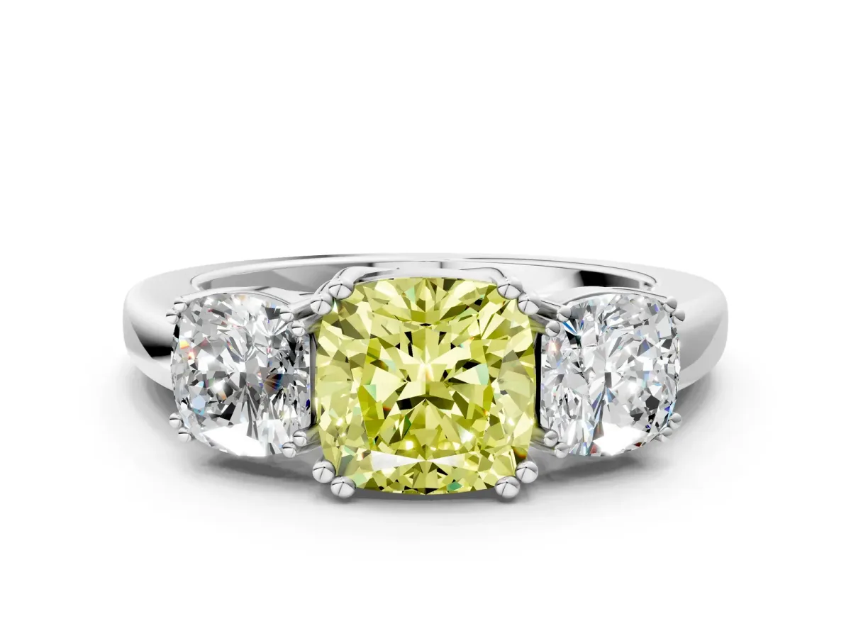 Fancy Yellow Three-Stone Cushion Cut Cut Diamond Ring with Channel Set Band and Four-Prong Setting Silver