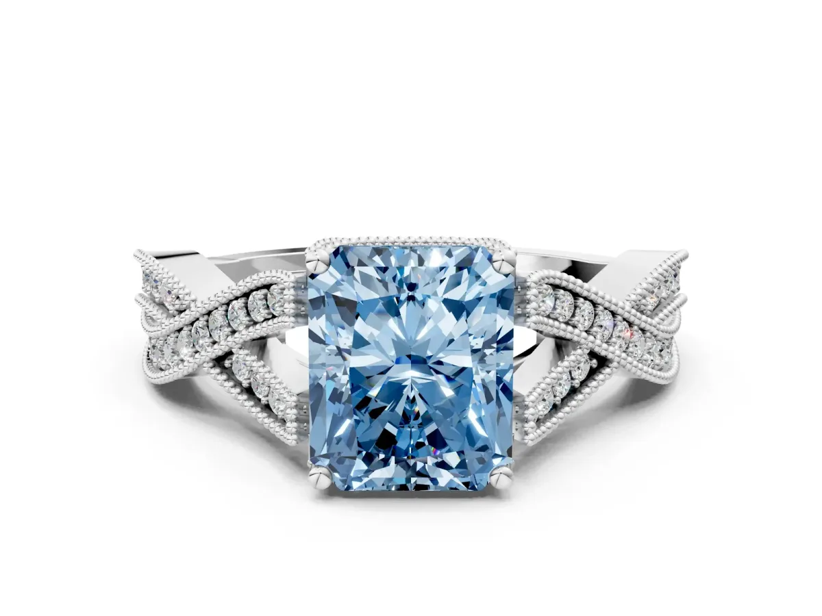 Fancy Blue Radiant Cut Cut Diamond Twisted Band with Milgrain Pave Setting and Four-Prong Setting Platinum