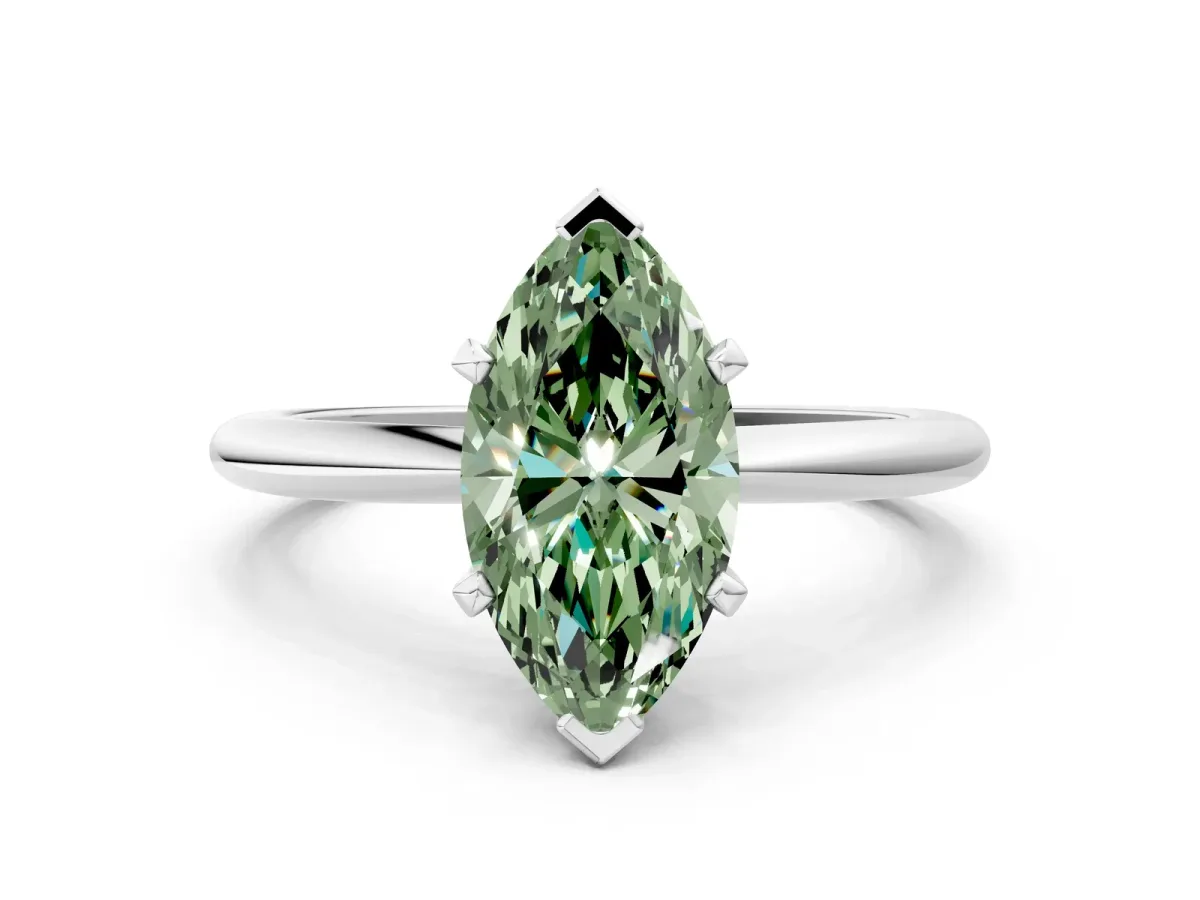 Fancy Green Marquise Cut Diamond Solitaire Ring with Six-Prong Setting and Classic Band Silver