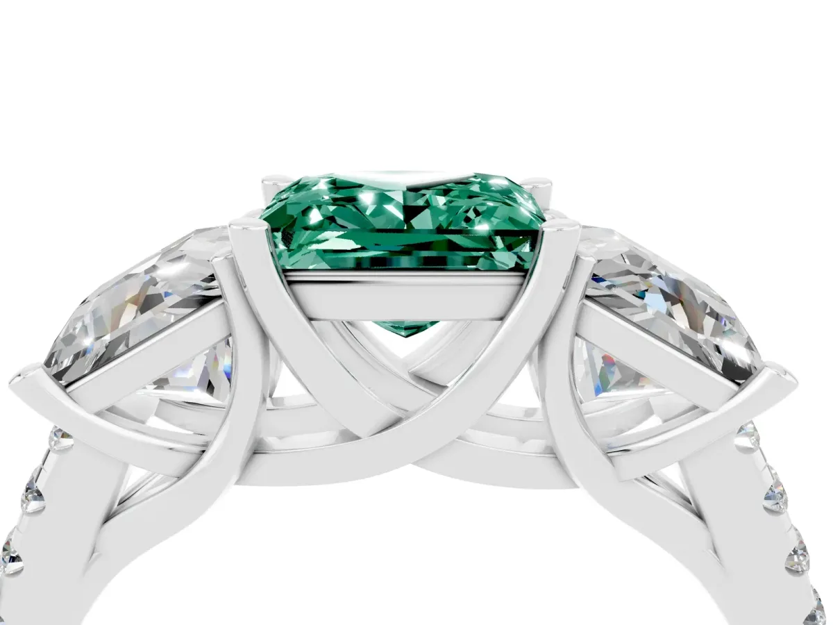Three-Stone Princess Cut Green Sapphire Ring with Round Pavé Band and Prong Setting Silver