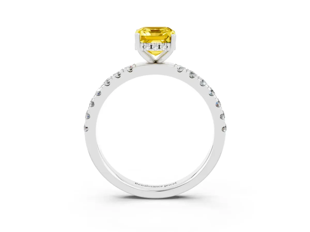 Emerald Cut Yellow Sapphire Pave Band Solitaire Ring with Round and Prong Setting Platinum