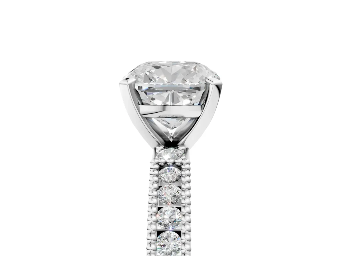 Cushion Cut Solitaire with Pavé Band and Four-Prong Setting Silver