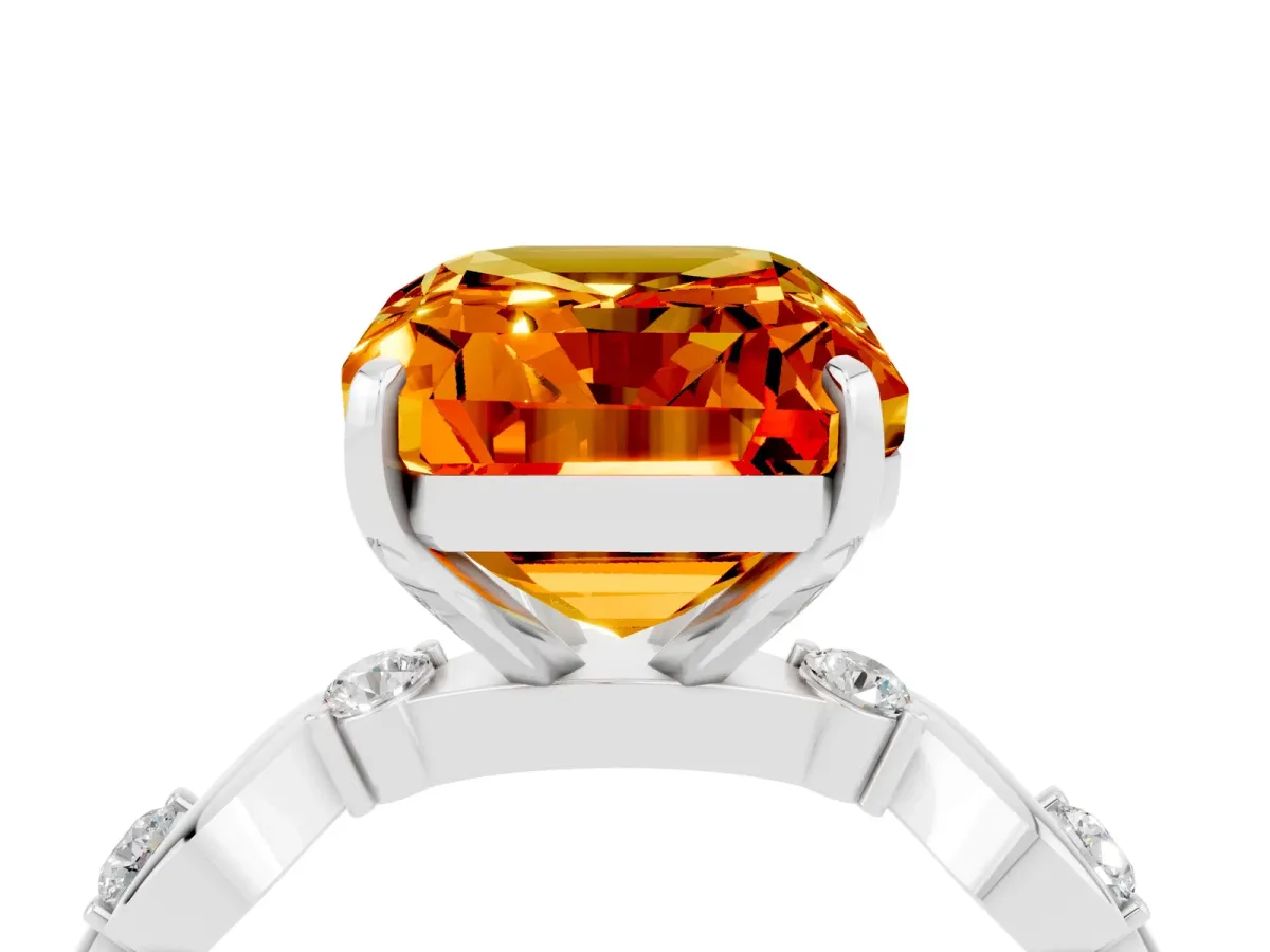 Emerald Cut Citrine Solitaire Twisted Band with Round Accents and Prong Setting Silver