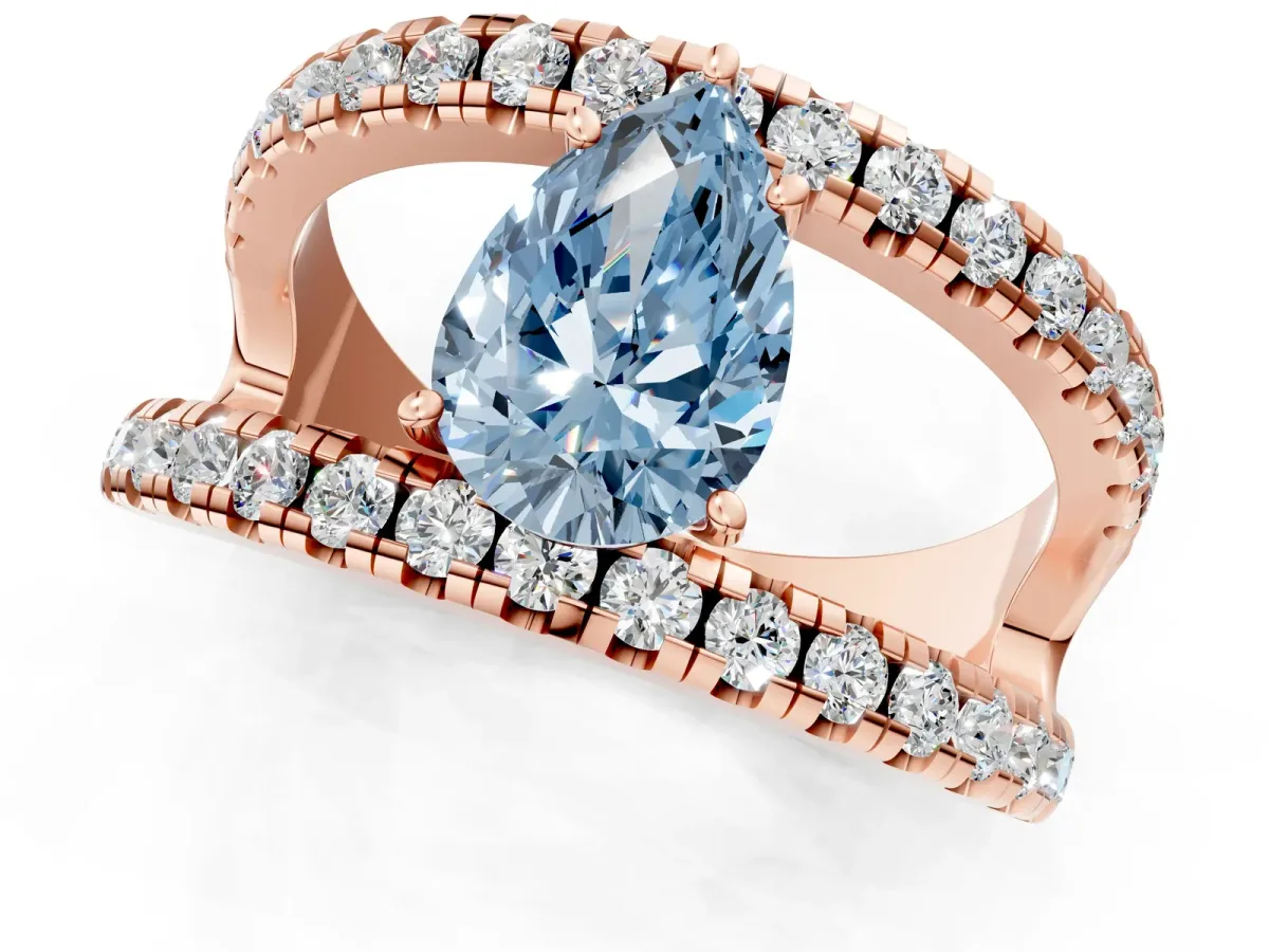 Fancy Blue Pear Cut Solitaire Split Shank Pave Diamond Ring Rose gold