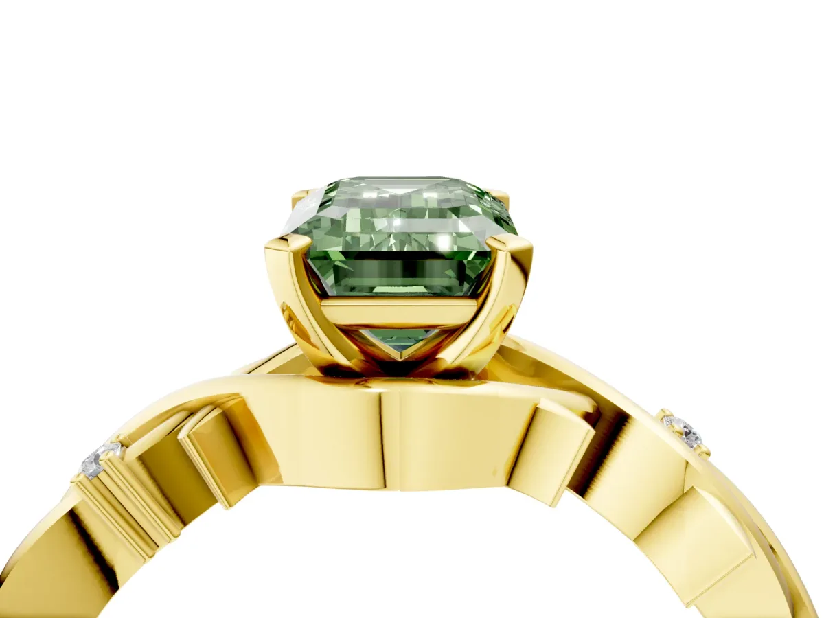 Fancy Green Emerald Cut Diamond Solitaire Ring with Twisted Band and Prong Setting Yellow gold