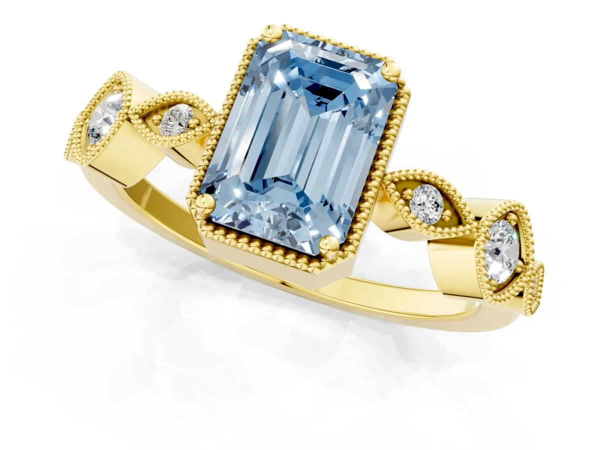Fancy Blue Emerald Cut Diamond Vintage Milgrain Ring with Round Stations Yellow gold