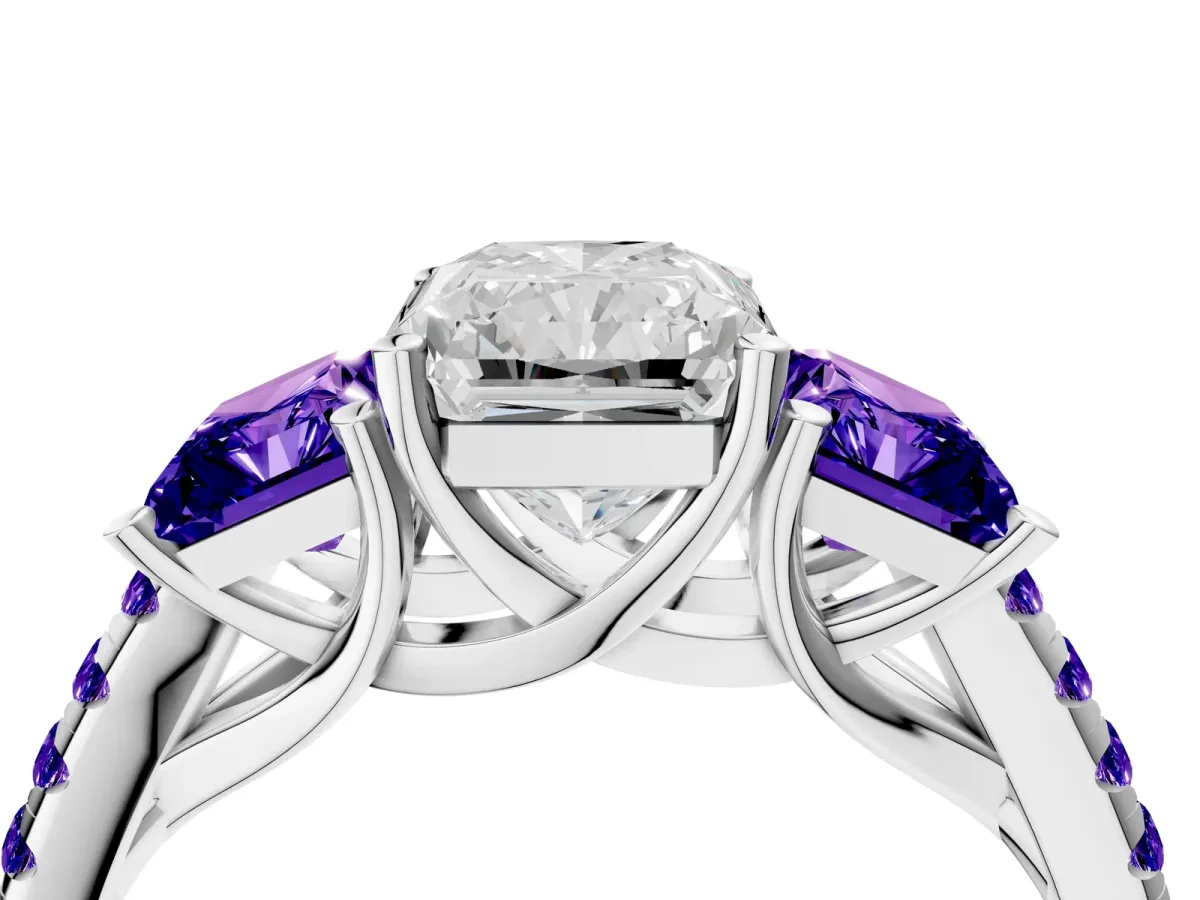 Three-Stone Radiant Cut Diamond Ring with Round Tanzanite Pavé Band and Prong Setting Silver