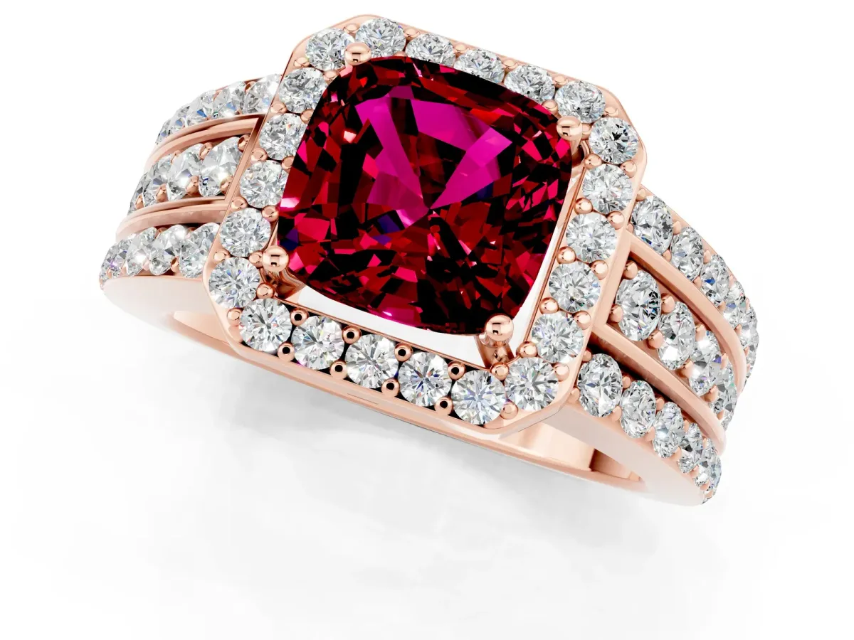 Cushion Cut Halo Garnet Ring with Round Split Shank and Prong Setting Rose gold