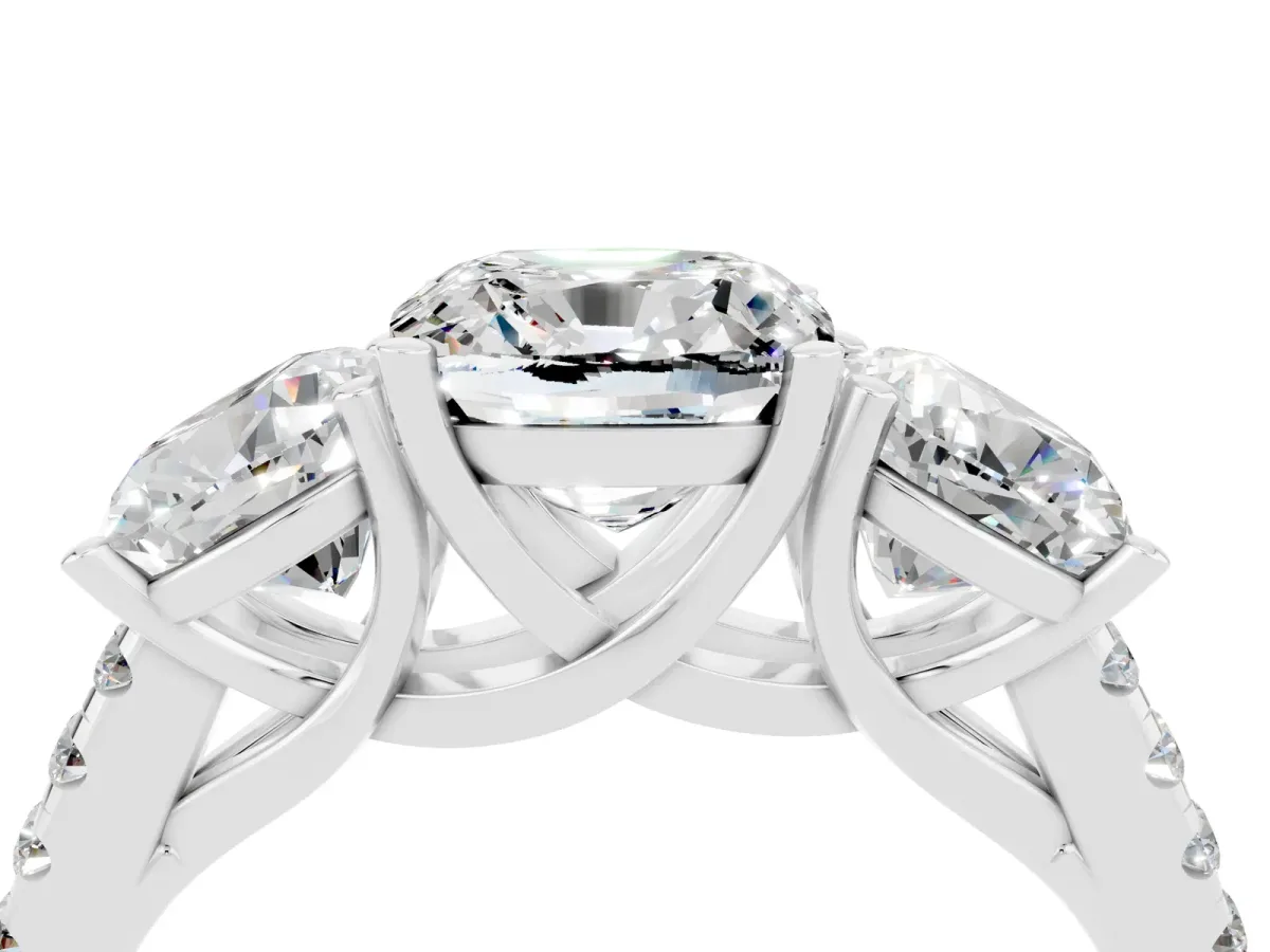 Three-Stone Cushion Cut Moissanite Ring with Round Pavé Band and Prong Setting Silver