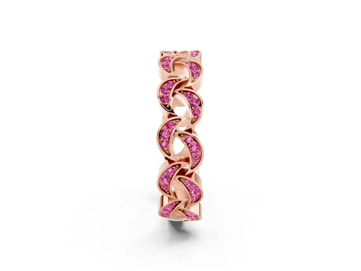Pavé Round Pink Sapphire Interlocking Eternity Band with Bezel Prong Setting Rose gold