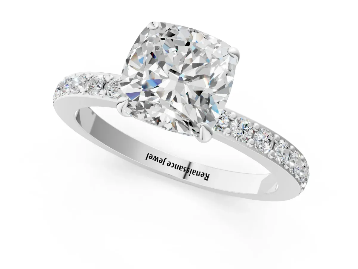 Cushion Cut Diamond Solitaire Engagement Ring with Pavé Band and Four-Prong Setting Silver