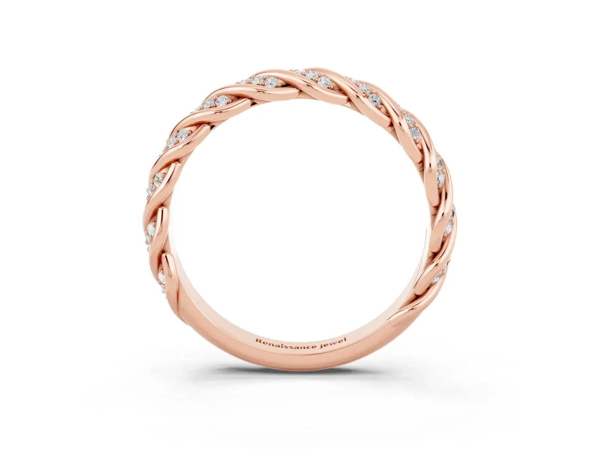 Twisted Pavé Round Moissanite Eternity Band with Shared Prong Setting Rose gold
