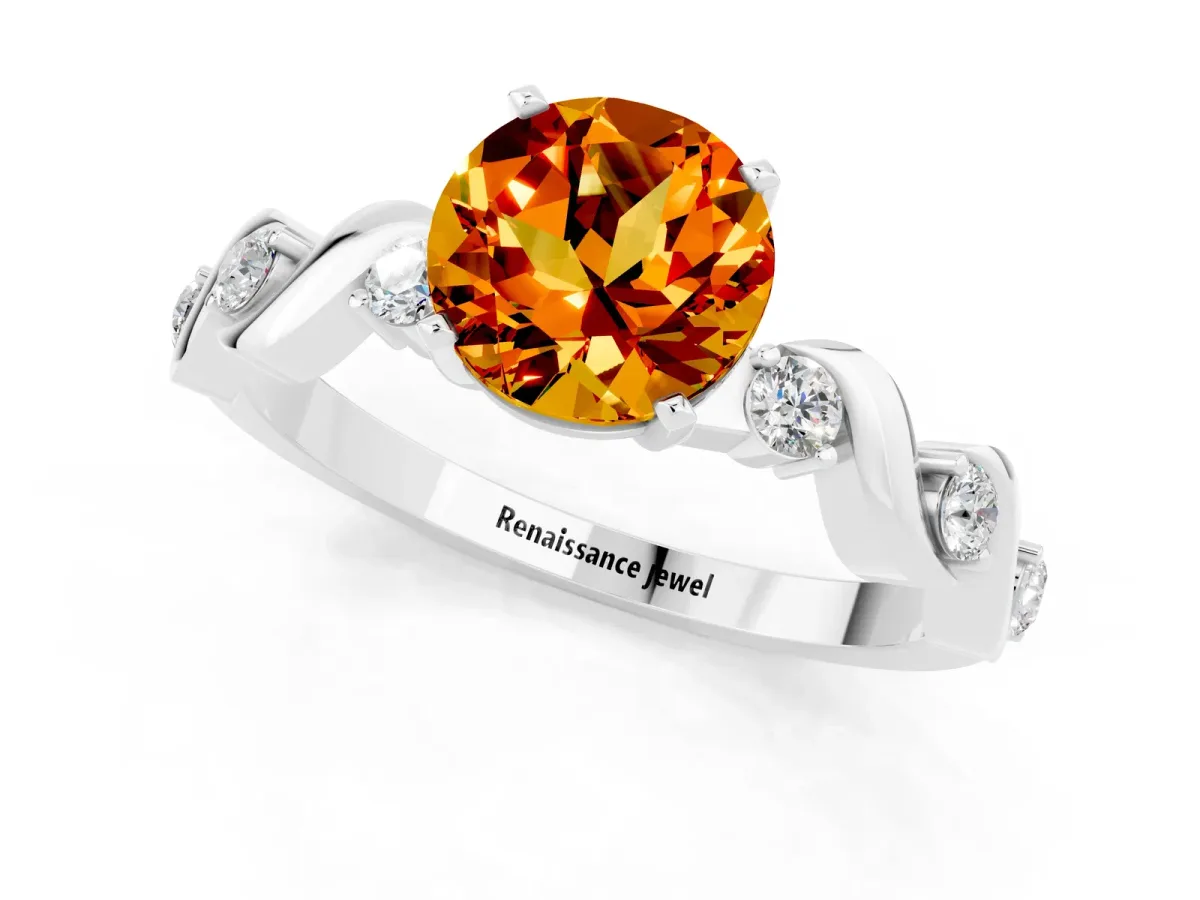 Round Cut Citrine Solitaire Twisted Band with Round Accents and Prong Setting Silver