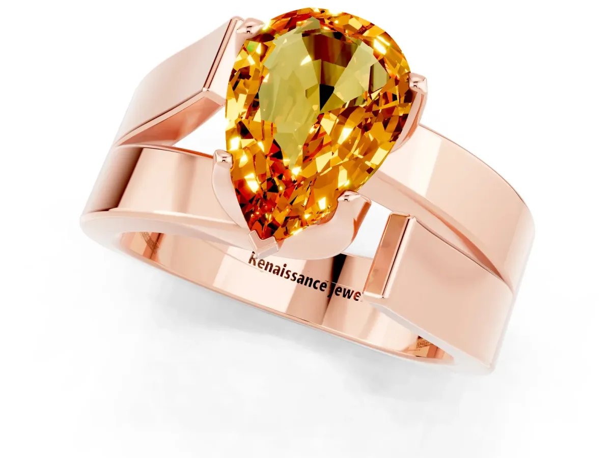 Modern Tension Set Pear Cut Citrine Solitaire Wide Band Ring Rose gold