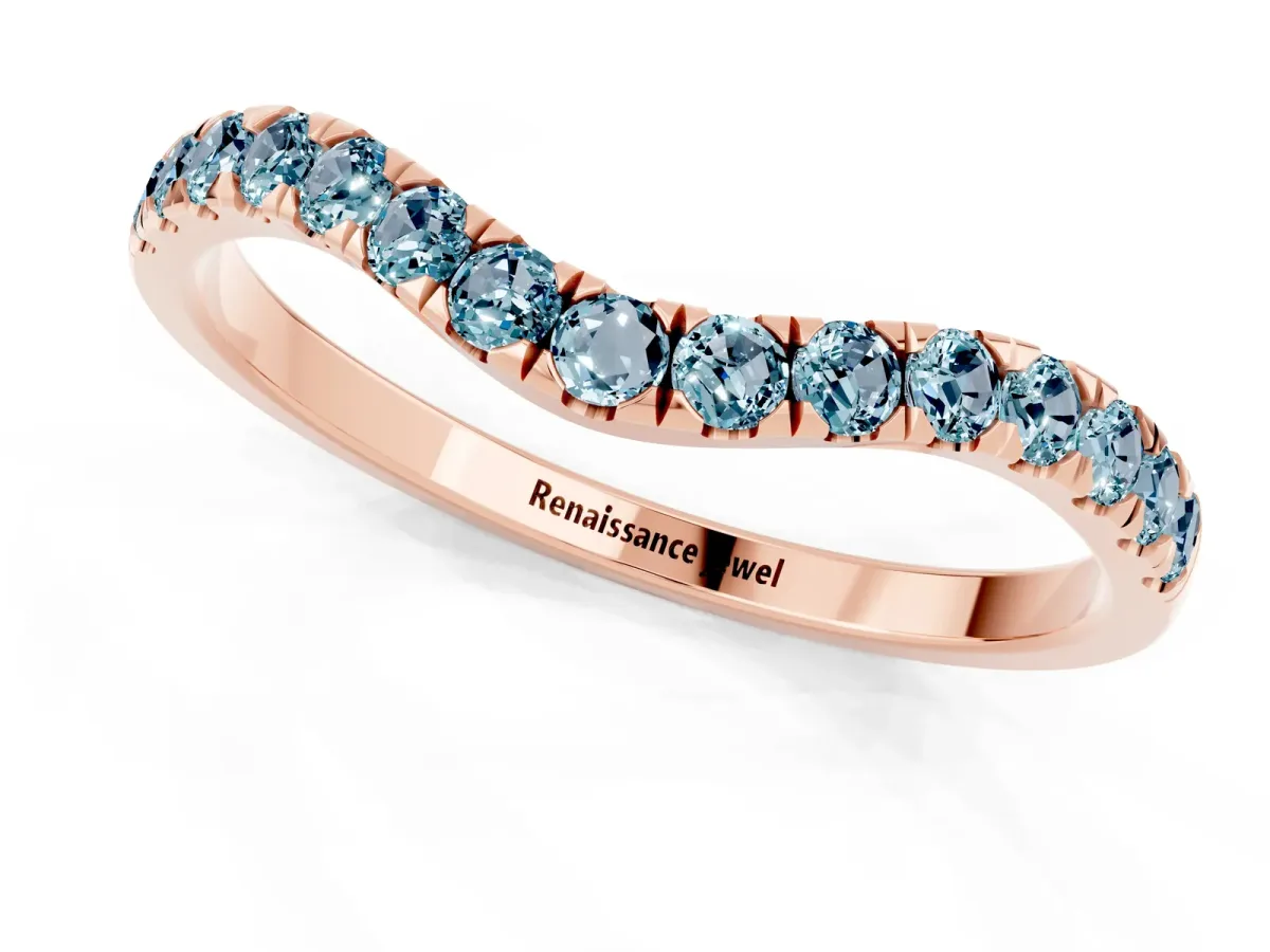 Curved Pavé Round Aquamarine Wedding Band with Shared Prong Setting Rose gold