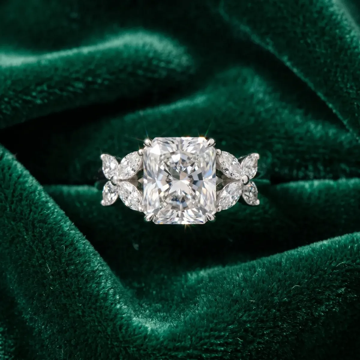 Radiant Cut Diamond Floral Cluster Ring with Solitaire Band and Prong Setting Platinum