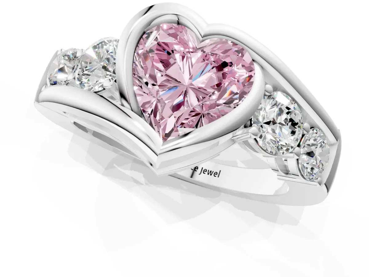 Fancy Pink Bezel Set Heart Cut Diamond Bypass Ring with Round Accents Silver