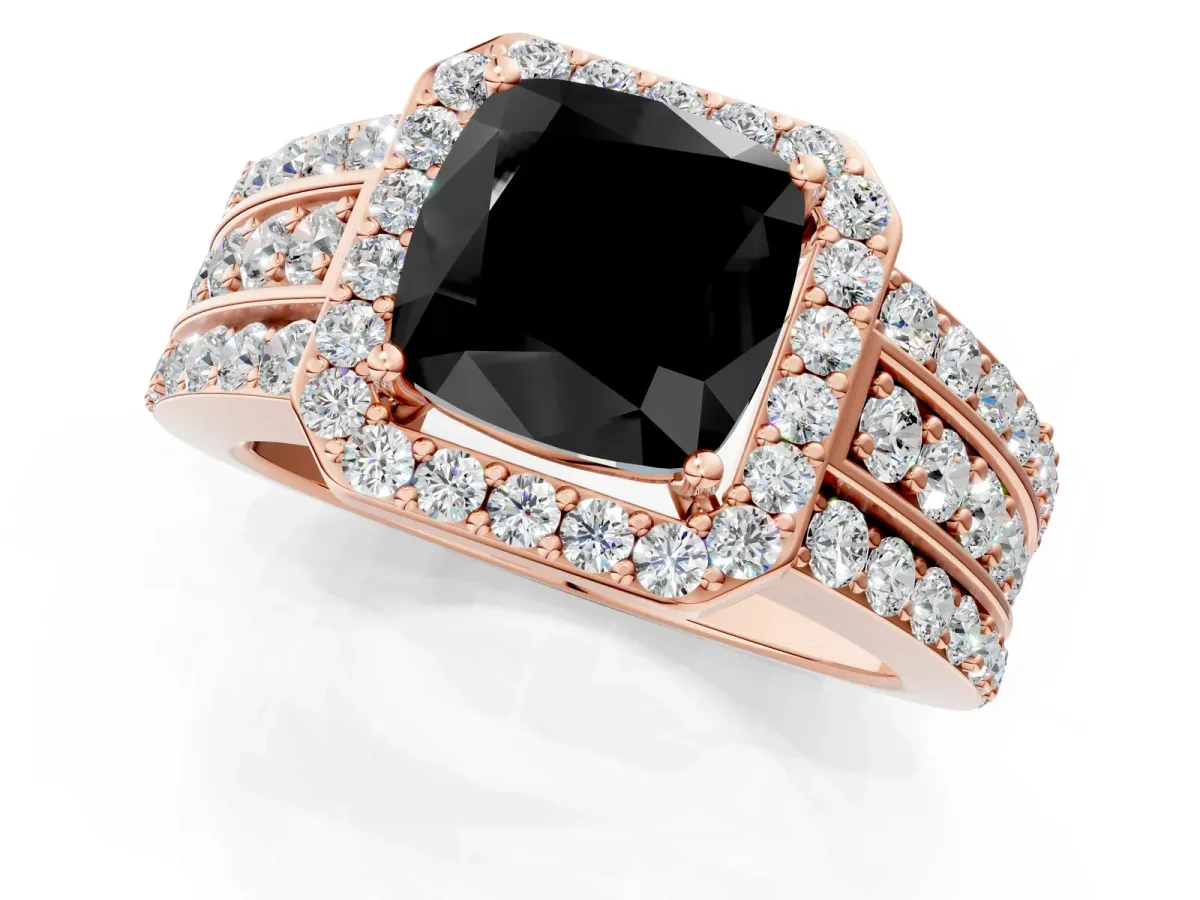 Fancy Black Cushion Cut Halo Diamond Ring with Round Split Shank and Prong Setting Rose gold