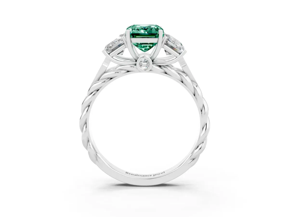 Three-Stone Emerald Cut Green Sapphire Braided Band Ring with Four-Prong Setting Silver