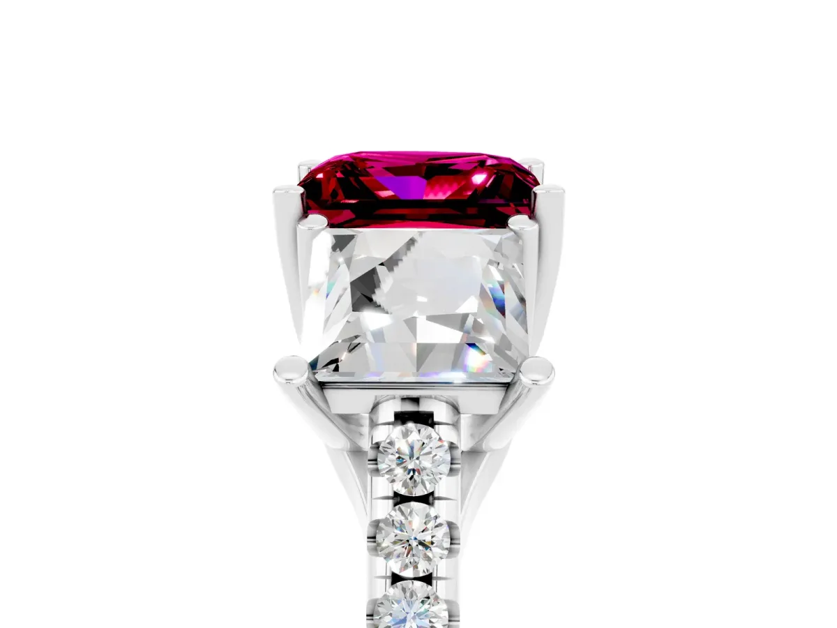 Three-Stone Princess Cut Garnet Ring with Round Pavé Band and Prong Setting Silver