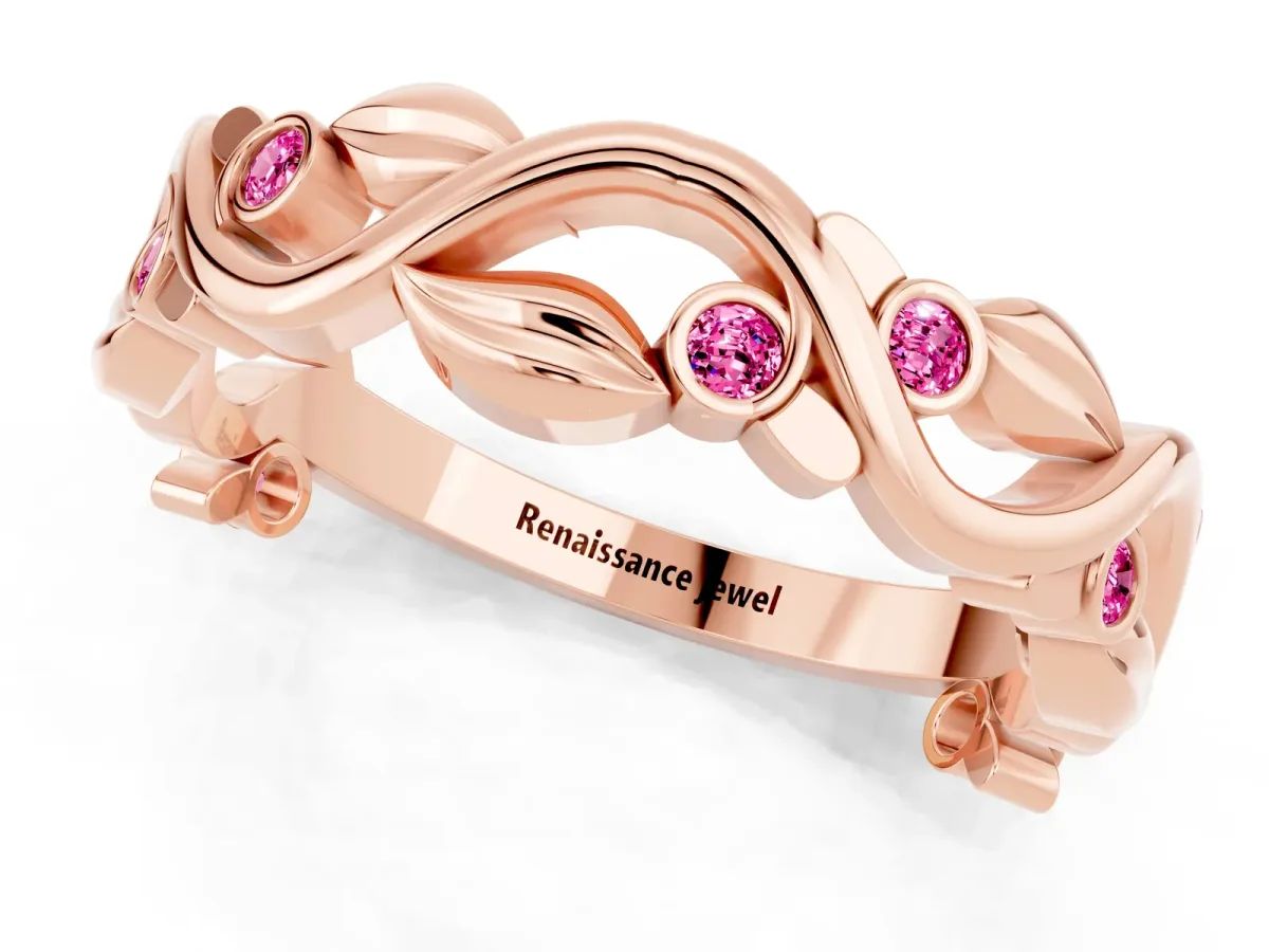 Round Pink Sapphire Leaf Eternity Band with Bezel Setting Rose gold