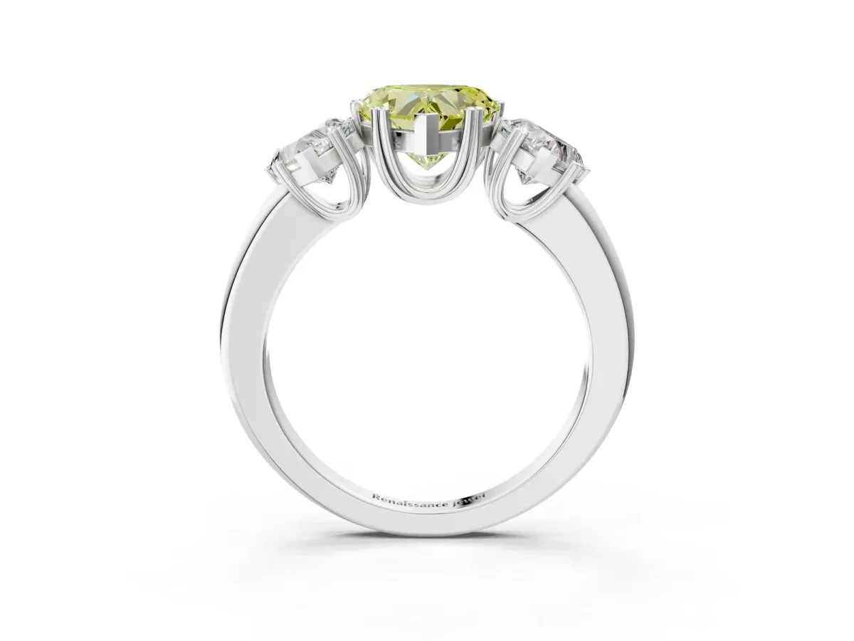 Fancy Yellow Three-Stone Heart Cut Cut Diamond Ring with Channel Set Band and Four-Prong Setting Silver