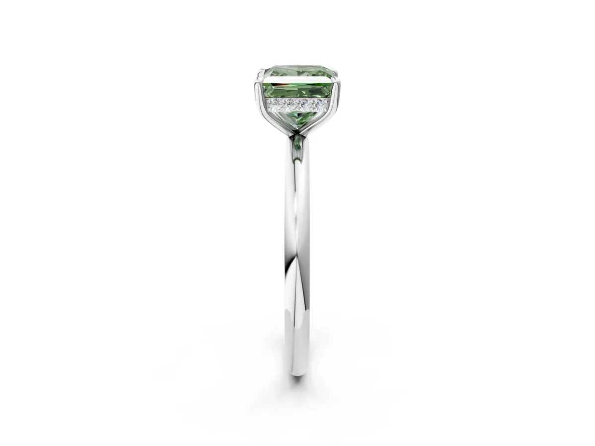 Fancy Green Princess Cut Diamond Solitaire Ring with Thin Band and Four-Prong Setting White gold
