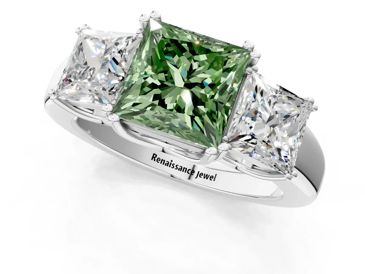 Fancy Green Three-Stone Princess Cut Cut Diamond Ring with Channel Set Band and Four-Prong Setting Silver