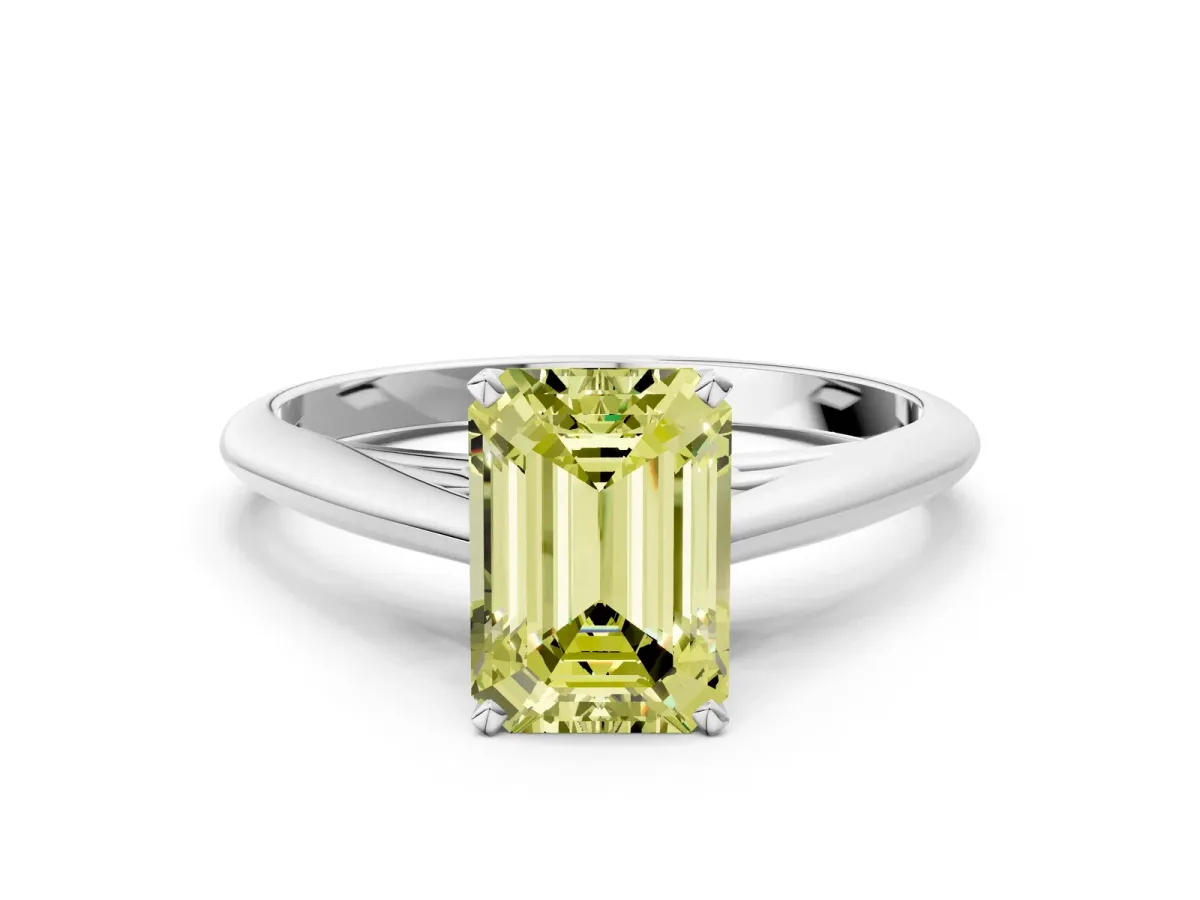 Fancy Yellow Emerald Cut Diamond Solitaire Engagement Ring with Cathedral Setting and Four-Prong Mount White gold