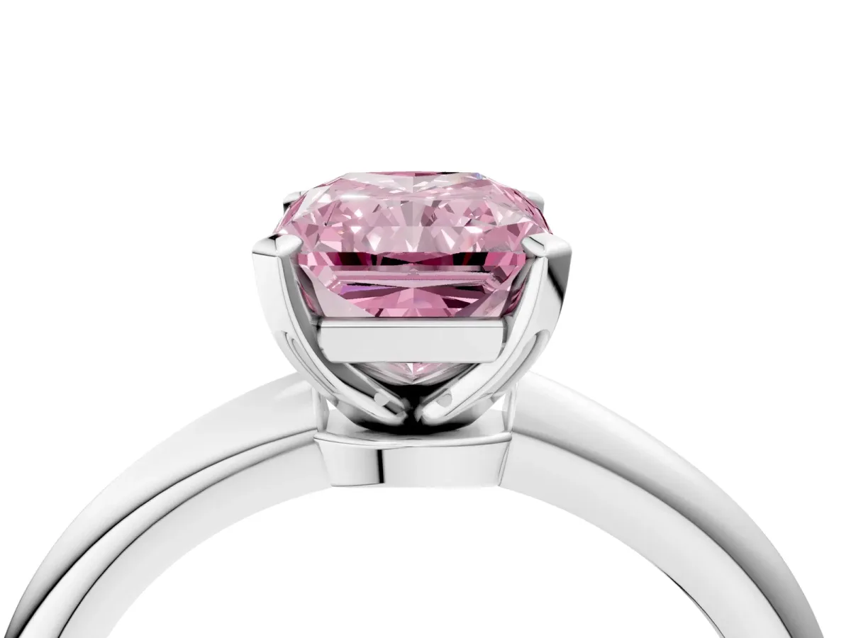 Fancy Pink Radiant Cut Diamond Solitaire Ring with Six-Prong Setting and Classic Band Silver