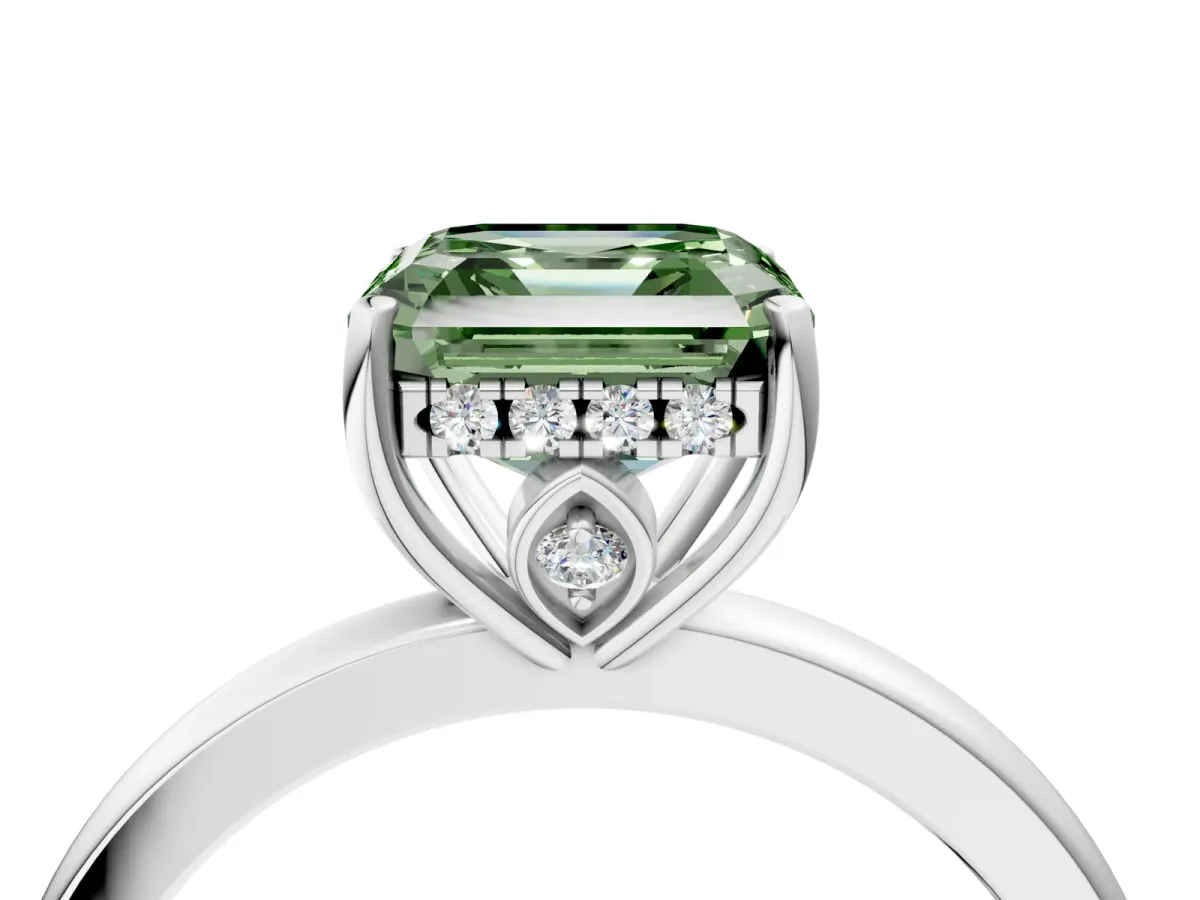 Fancy Green Asscher Cut Solitaire Diamond Ring with Prong Setting and Plain Band Silver