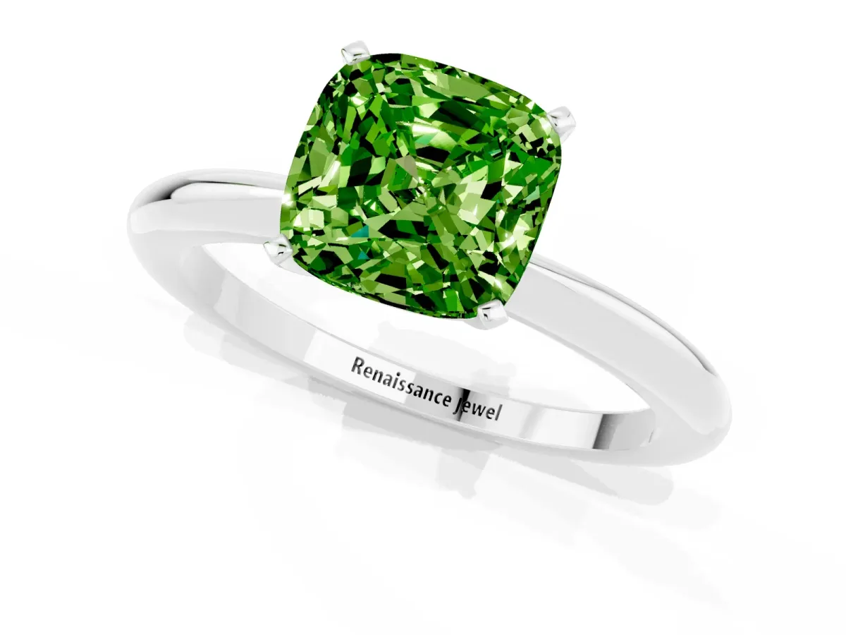 Cushion Cut Peridot Solitaire Ring with Six-Prong Setting and Classic Band White gold