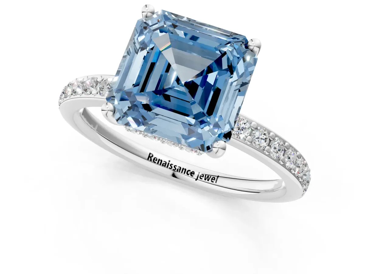 Fancy Blue Asscher Cut Cut Diamond Pavé Band Ring with Four-Prong Setting Platinum