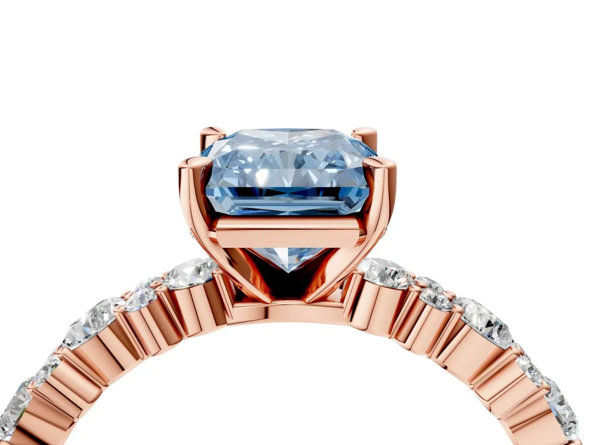 Fancy Blue Radiant Cut Diamond Side Stone Solitaire Ring with Round and Four-Prong Setting Rose gold