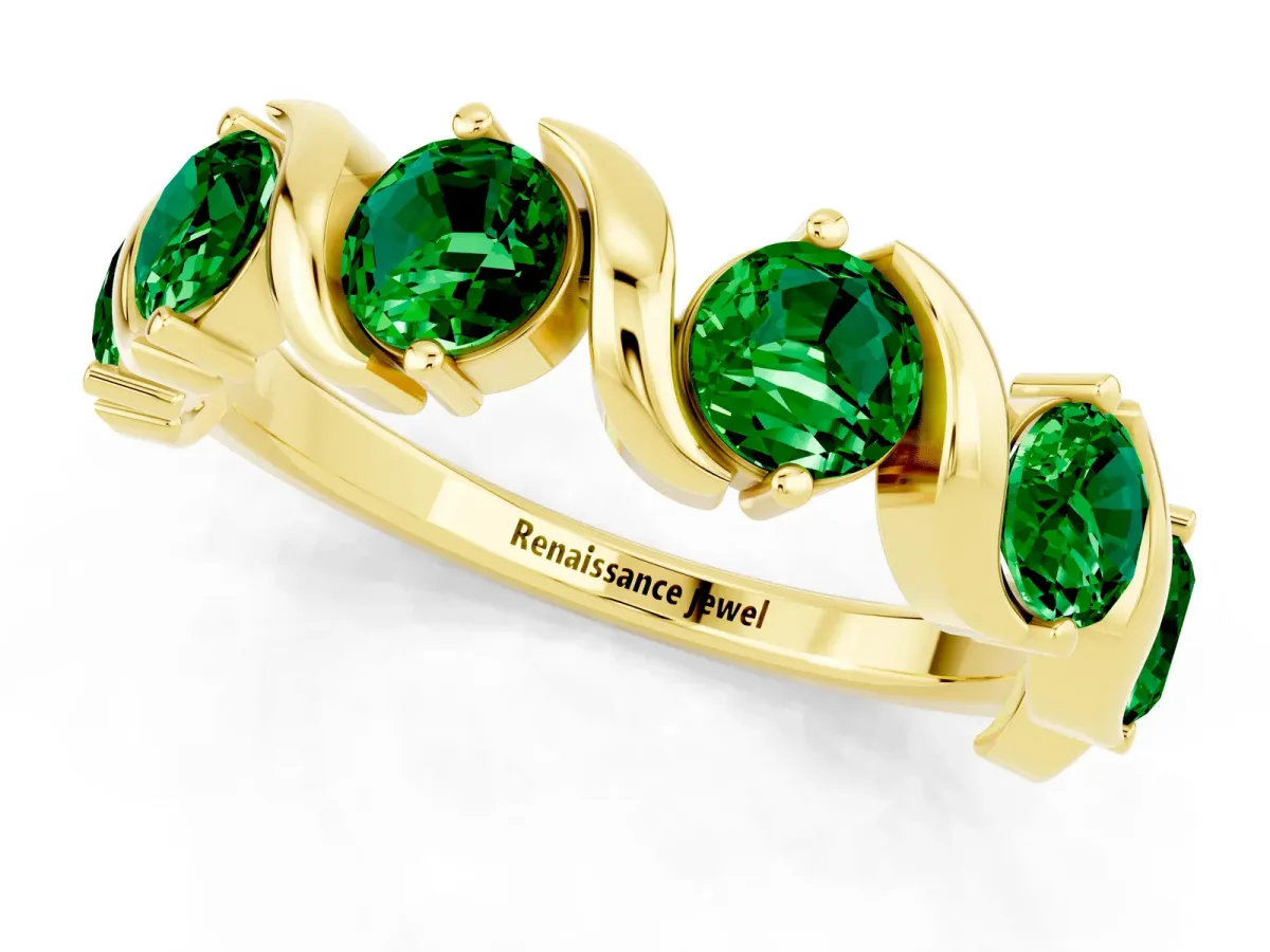 Round Emerald Half Eternity Band with Wave Prong Setting Yellow gold