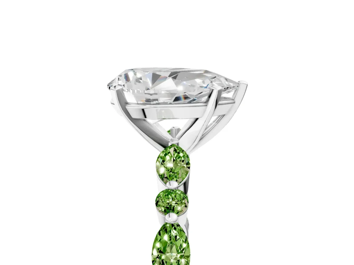Pear Cut Diamond Ring with Marquise and Round Peridot Side Stones and Four-Prong Setting Silver