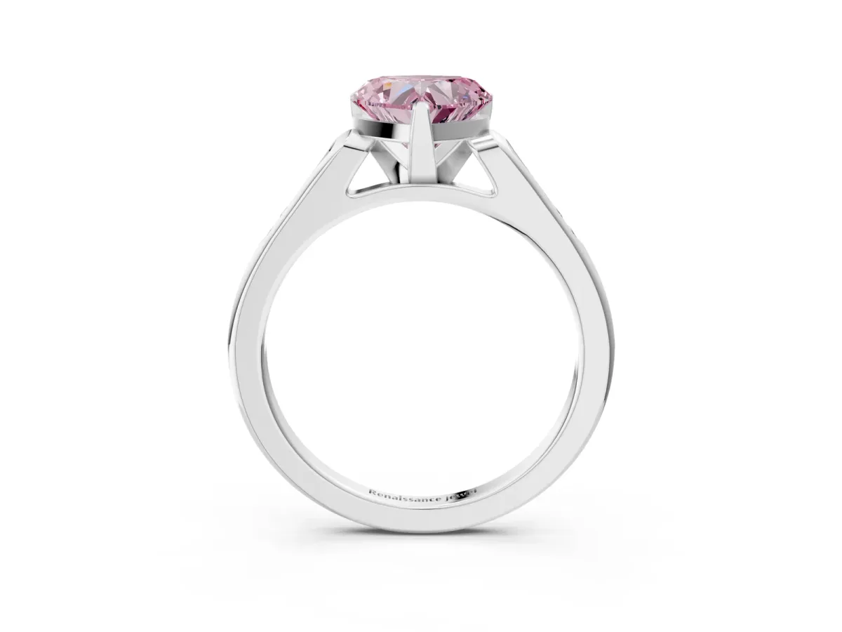 Fancy Pink Heart Cut Diamond Solitaire Ring with Channel Set Round Band and Prong Setting Silver