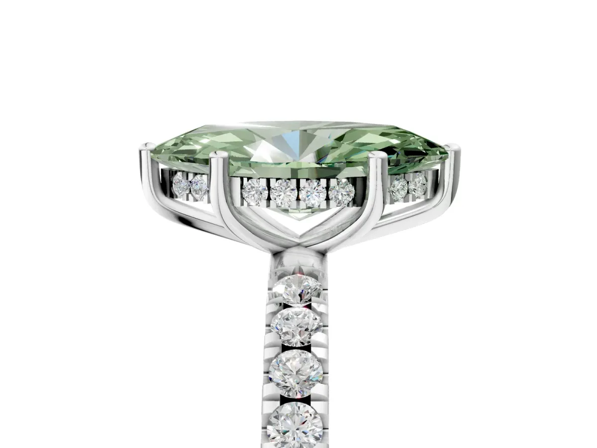 Fancy Green Marquise Cut Diamond Pave Band Solitaire Ring with Round and Prong Setting Silver